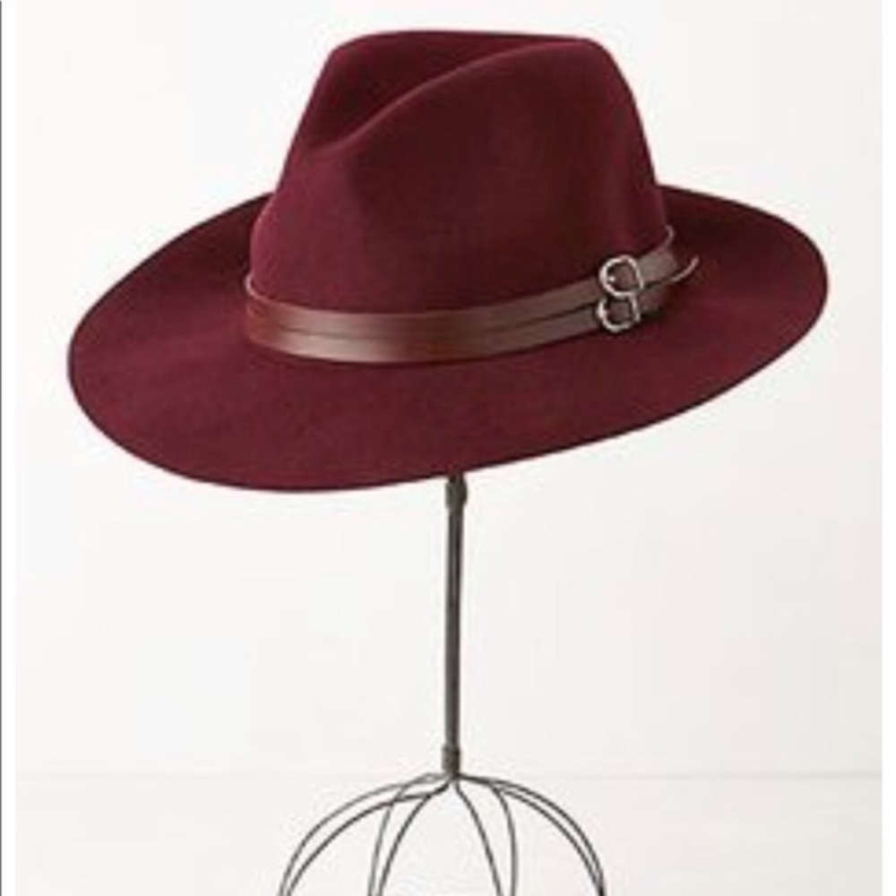 Anthropologie Burgundy Double Buckle Wool Hat